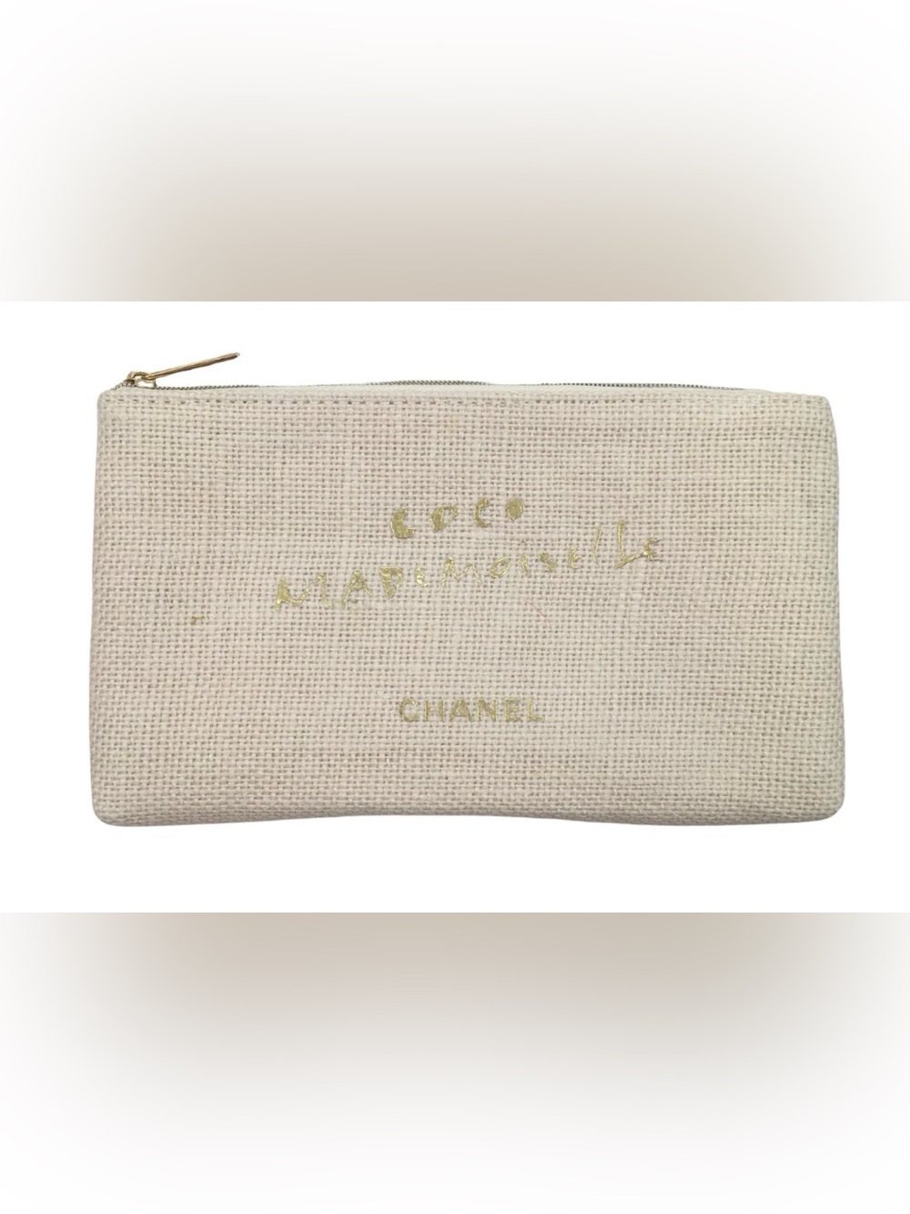 CHANEL Coco Mademoiselle Cosmetic Pouch Makeup Bag Cream Canvas Zip Case